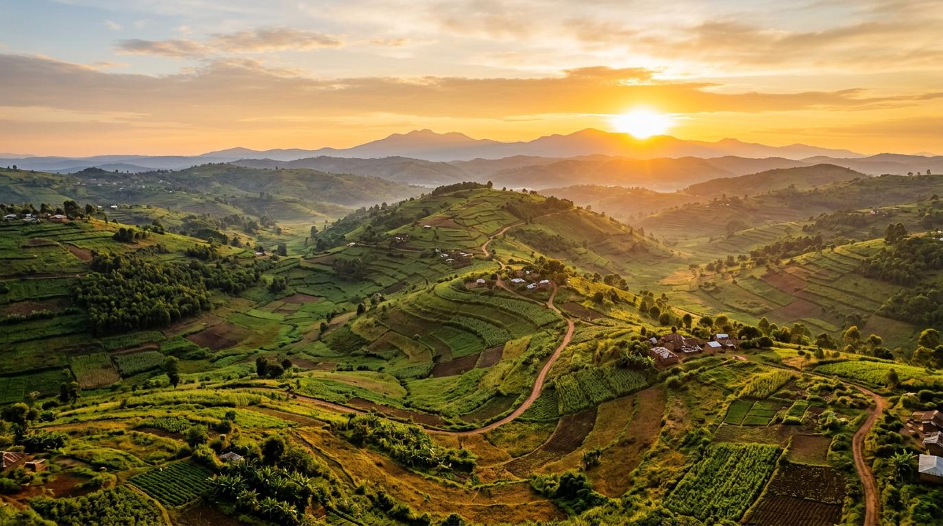 Lush Ugandan landscape with green hills and sunrise